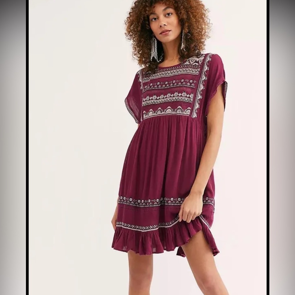 Free People Embroidered Maroon Dress